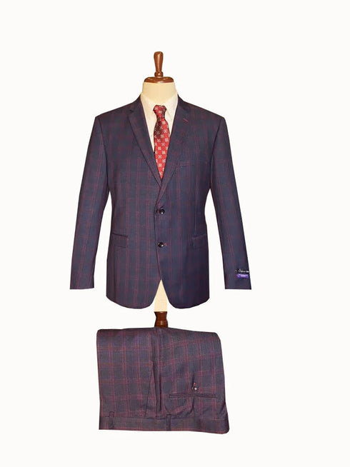 Mens Plaid Suits - Windowpane Wool Suits - Navy Blue with Dark Burgundy Pattern - Business Wool Suit  in Classic  fit