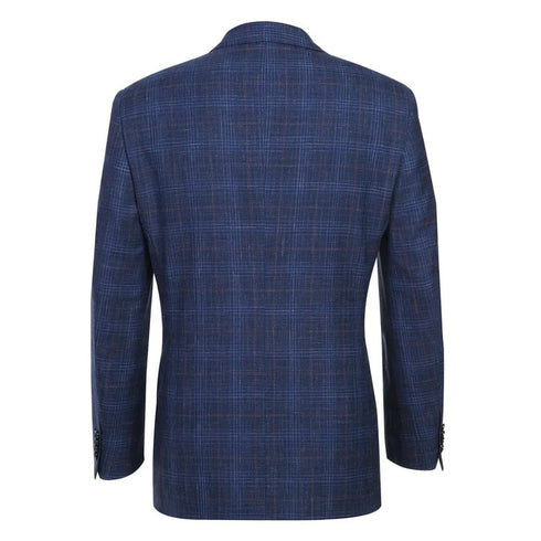 Mens Classic Fit Two Button Wool & Linen Blue Windowpane Plaid Blazer