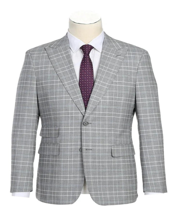 Light Grey Suit - Silver Gray Suit For Wedding - Mens Designer Two Button Slim Fit Peak lapel Smoke Windowpane Plaid Suit