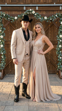 Mens Light Beige Western 3-Piece Suit – Cowboy Tuxedo with Shawl Lapel