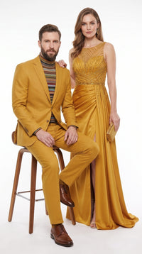 Men’s Travis Kelce Inspired Yellow Suit, Mustard Gold 2 Piece Fashion Suit for Parties and Events
