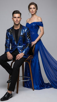 Men’s Royal Blue and Black Reversible Sequin Blazer, 1 Button Shiny Formal Party Jacket