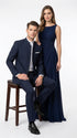 Men’s Navy Blue Mandarin Collar Suit, Dark Blue Banded Collar Formal Wedding Dress Suit