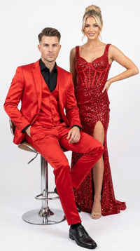 Men’s Red 3 Piece Slim Fit Shiny Satin Suit, Formal Wedding Prom Party Dress Suit