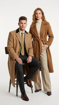 Men’s Beige Camel Chesterfield Overcoat, Wool and Cashmere Full Length Coat with Velvet Collar