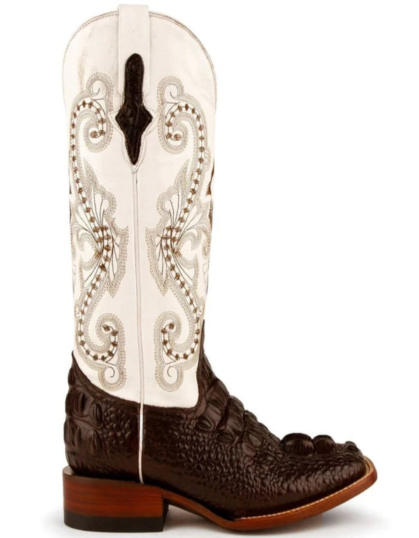 Ferrini Women's Rancher Square Toe Boots Crocodile Print - Chocolate and White