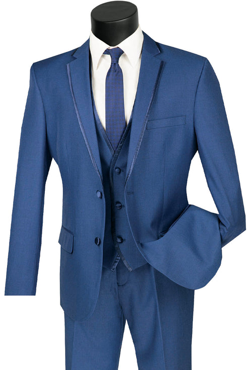 Mens Slim Vested Tuxedo Suit with Satin Trim in Blue