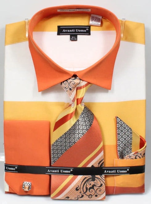 Men's Contrast Collar Wide Horizontal Stripe French Cuff Dress Shirt, Tie, & Hanky Set In Yellow Quilted Overshirts