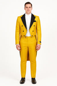 Mens Yellow Tailcoat Tuxedo with Black Lapel and Brocade Detailing – Formal Vintage Style Suit