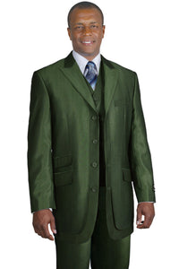 Mens 3 Button Tonal Sharkskin Peak Lapel Vested Fashion Suit in Olive