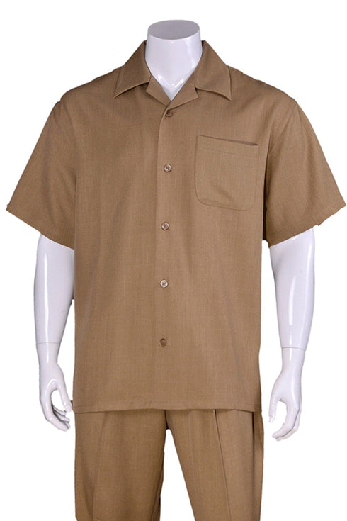 Mens Short Sleeve Casual Summer Walking Suit in Solid Tan