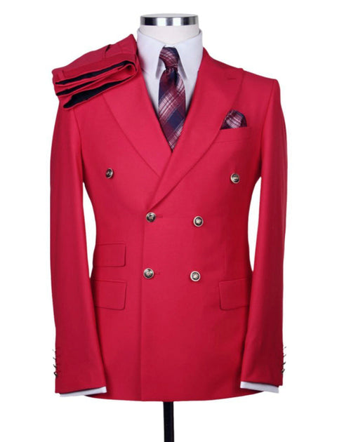 Designer Mens Double Breasted Gold Button Suit in Red