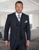 Mens Classic Fit Pleated Pant Wide Peak Lapel Wool Suit with Double Breasted Vest in Navy Pinstripe