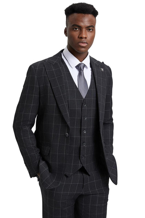 Men's Stacy Adams Vest Classic Bold Windowpane Suit in Dark Charcoal Grey