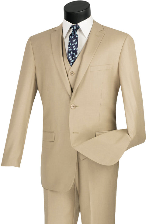 Mens Vested Slim Fit Wool Feel Suit in Beige