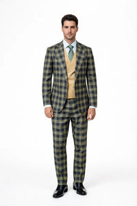 Statement Men’s 3-Piece Plaid Wool Suit – 100% Wool Modern Fit with Wide Peak Lapel