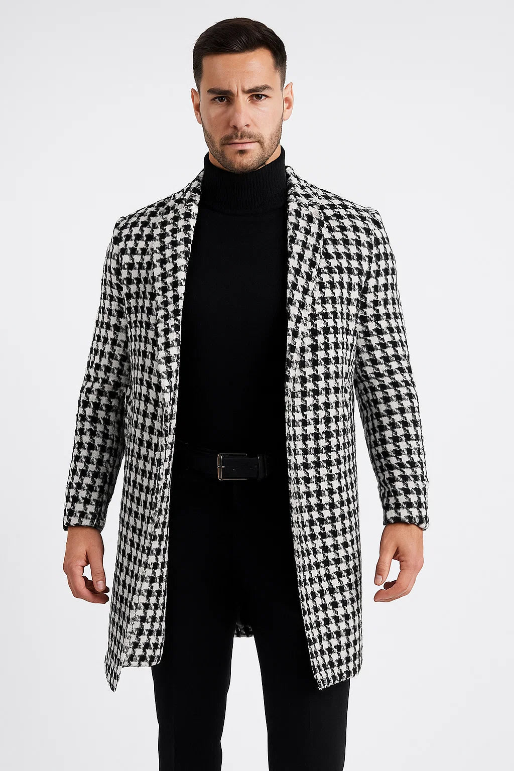 Mens Plaid White and Black Overcoat - Hounstooth Checker Pattern