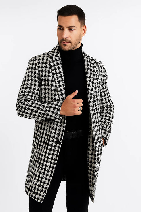 Mens Plaid White and Black Overcoat - Hounstooth Checker Pattern Topcoat
