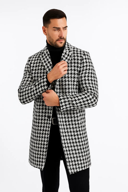 Mens Plaid White and Black Overcoat - Hounstooth Checker Pattern Topcoat