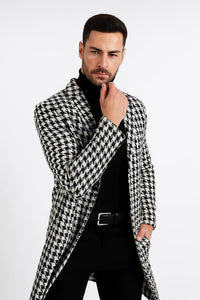 Mens Plaid White and Black Overcoat - Hounstooth Checker Pattern Topcoat