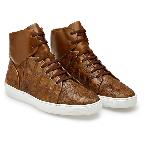 Mens Belvedere Vero Crocodile Patchwork Hightop Sneaker in Honey