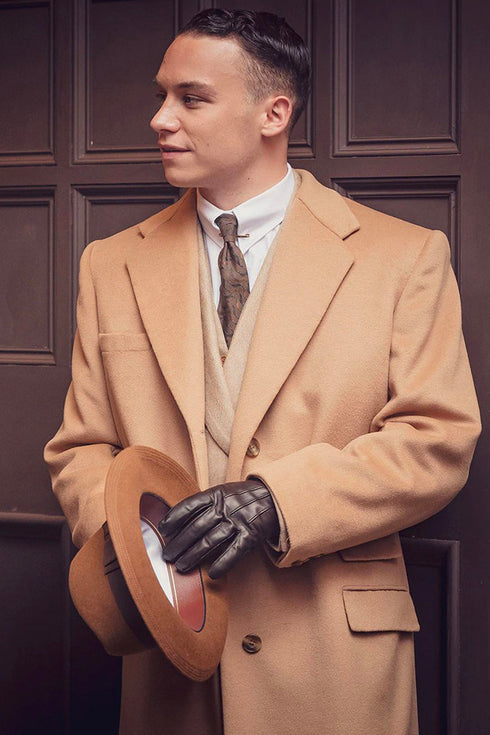 Mens Peaky Blinders Michael Gray Vested Tan Suit & Camel Overcoat Costume