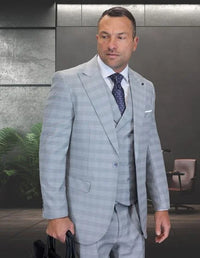 Statement Men's 3 Piece 100% Wool Wide Leg Suit- Windowpane Plaid