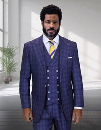 Statement Men's 3 Piece Big and Tall 100% Wool Wide Leg Suit- Windowpane Plaid