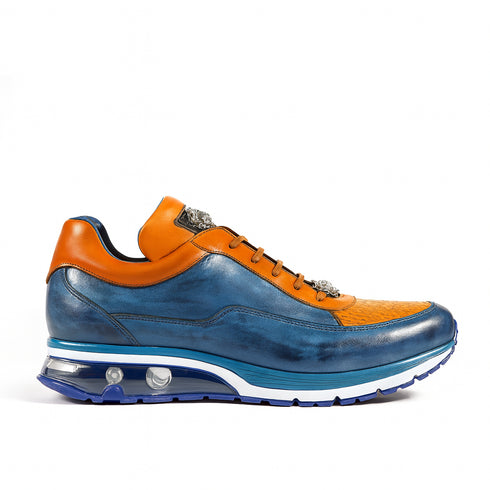 Belvedere  Flash Men's Shoes Blue Safari & Almond Exotic Ostrich / Calf-skin Leather Casual Sneakers