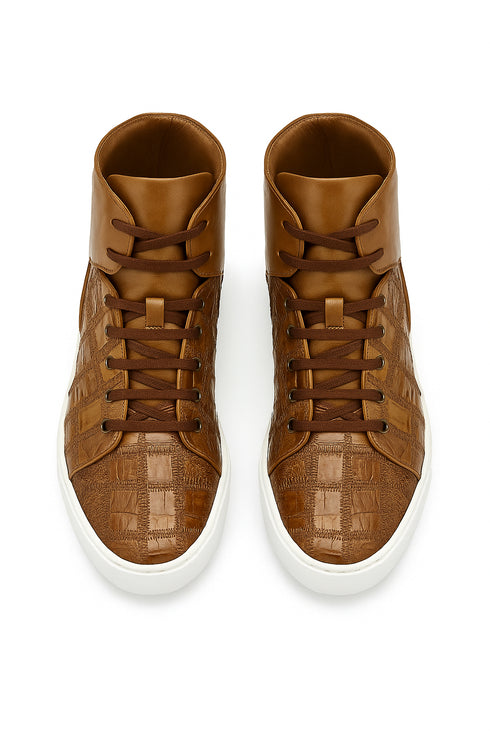 Mens Belvedere Vero Crocodile Patchwork Hightop Sneaker in Honey