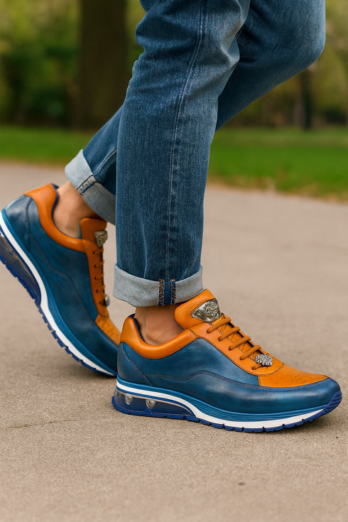 Belvedere  Flash Men's Shoes Blue Safari & Almond Exotic Ostrich / Calf-skin Leather Casual Sneakers
