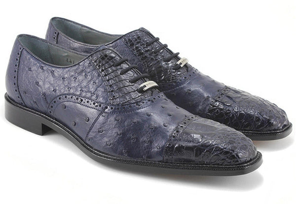 Belvedere  Men's Navy Ostrich Crocodile Shoes Cap Toe Onesto