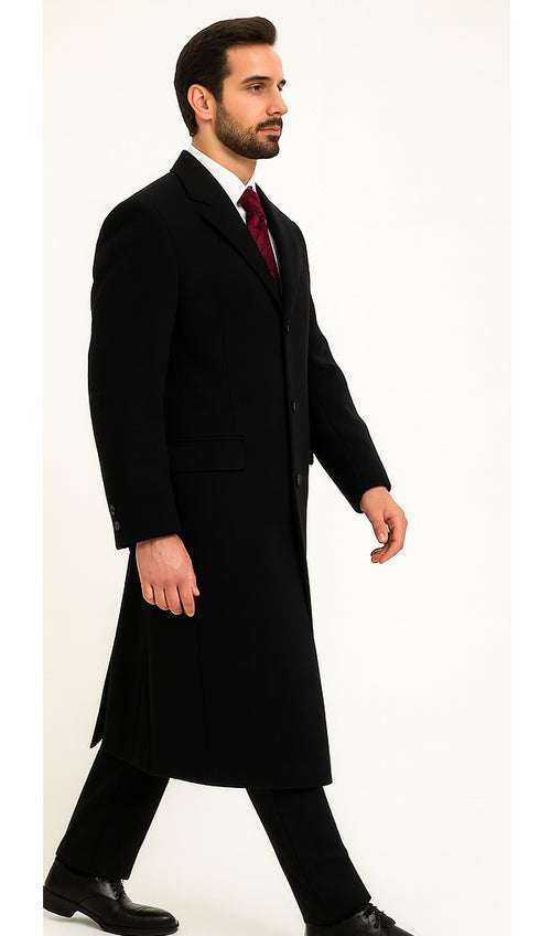 Black Cashmere Chesterfield Overcoat – 1920s Full Length Topcoat