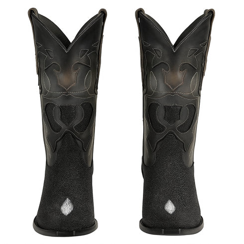 Men's King Exotic Snip Toe Stingray Boots Single Stone Handmade Black (494R1205)