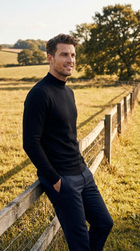 Black mock neck sweater pullover for men – cotton blend long sleeve knit