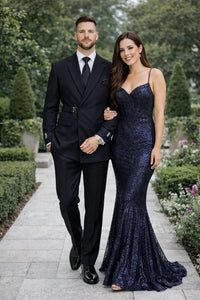 Men’s Black Double Breasted Wool Suit with Metal Buckle Closure