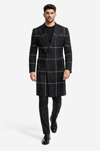 Black Plaid Overcoat - Wool Topcoat With WindowPane Pattern Double Breasted Style