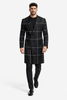 Black Plaid Overcoat - Wool Topcoat With WindowPane Pattern Double Breasted Style