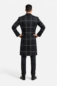Black Plaid Overcoat - Wool Topcoat With WindowPane Pattern Double Breasted Style