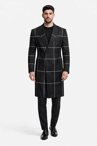 Black Plaid Overcoat - Wool Topcoat With WindowPane Pattern Double Breasted Style
