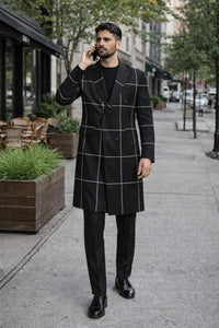 Black Plaid Overcoat - Wool Topcoat With WindowPane Pattern Double Breasted Style