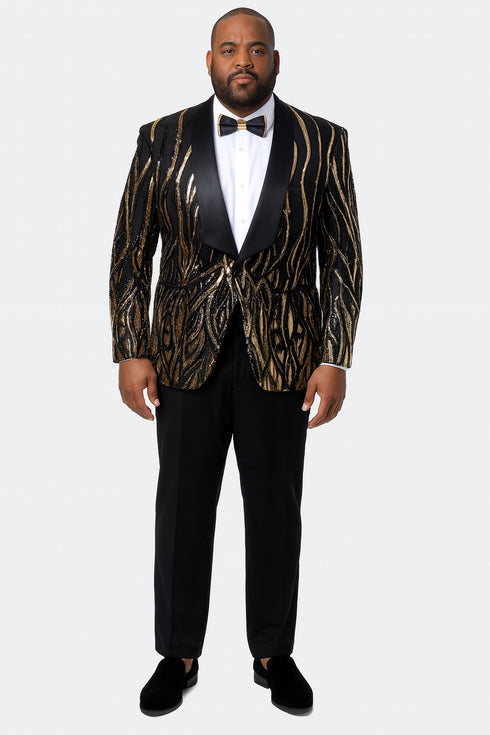 Black Tuxedo - Shawl Lapel Black and Gold Sequin Prom Tuxedo Mens Wedding Suit - Black Prom Suit