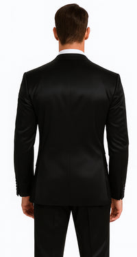 Black Satin Skinny Fit Tazzio Men's Double Breasted 3 Piece Suit with Peak Lapel and Bowtie