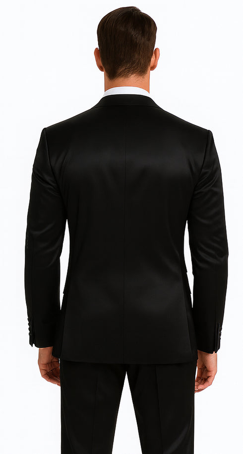 Black Satin Skinny Fit Tazzio Men's Double Breasted 3 Piece Suit with Peak Lapel and Bowtie