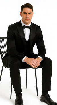 Black Satin Skinny Fit Tazzio Men's Double Breasted 3 Piece Suit with Peak Lapel and Bowtie