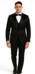 Black Satin Skinny Fit Tazzio Men's Double Breasted 3 Piece Suit with Peak Lapel and Bowtie