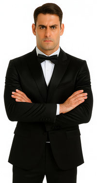 Black Satin Skinny Fit Tazzio Men's Double Breasted 3 Piece Suit with Peak Lapel and Bowtie