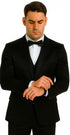 Black Satin Skinny Fit Tazzio Men's Double Breasted 3 Piece Suit with Peak Lapel and Bowtie