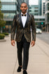 Black Tuxedo - Shawl Lapel Black and Gold Sequin Prom Tuxedo Mens Wedding Suit - Black Prom Suit