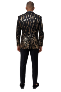 Black Tuxedo - Shawl Lapel Black and Gold Sequin Prom Tuxedo Mens Wedding Suit - Black Prom Suit